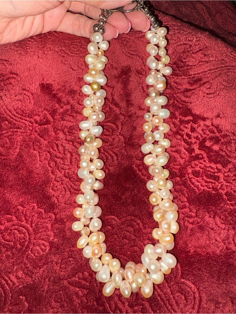 Beautiful Freshwater Pearl Cluster Necklace - Pink. Peach & Cream Coloring